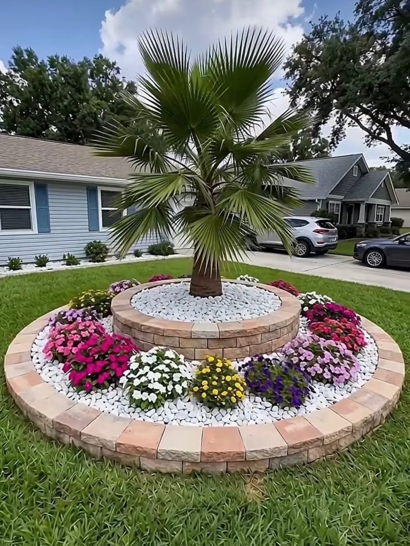 Circular garden bed with flowers and decorative stone