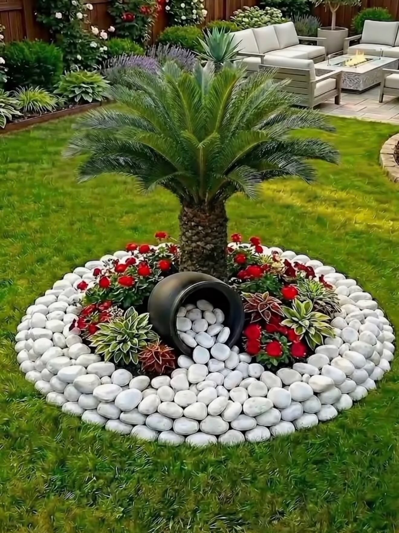 Flowers and white decorative stones surrounding a garden plant