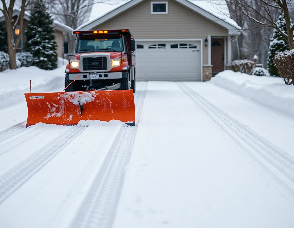 Plow truck clearing a long residential driveway after a snowfall