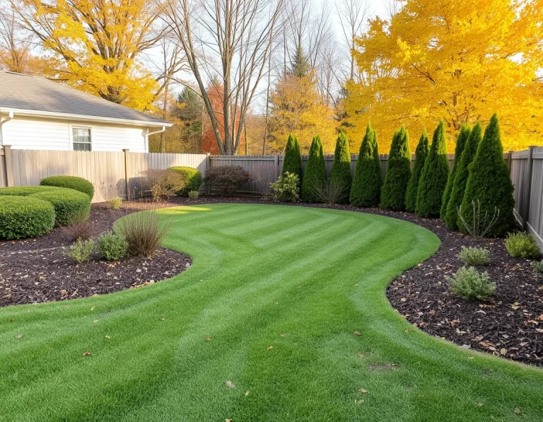 Backyard after a fall cleanup with cut lawn and tidy garden beds