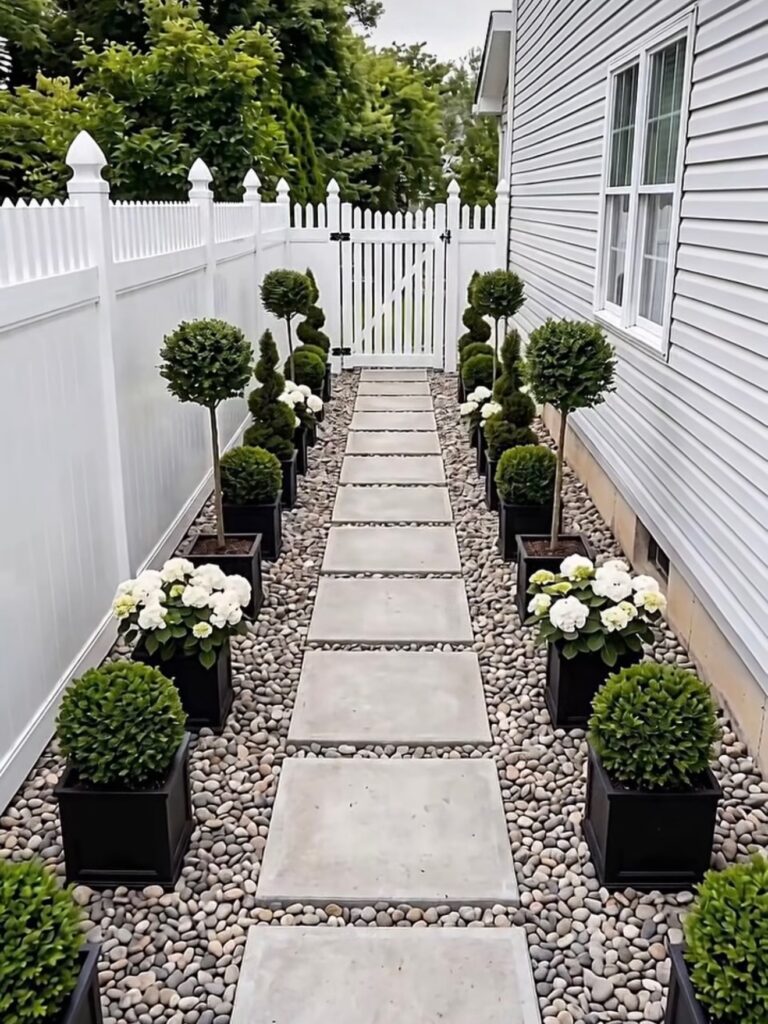 Landscaped path with potted plants