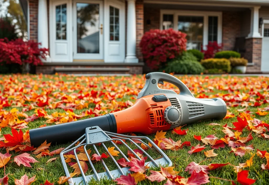 Leaf blower and rake on a lawn covered in red and yellow maple leaves