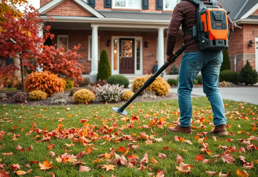 Crew clearing autumn leaves from a front lawn with a leaf blower