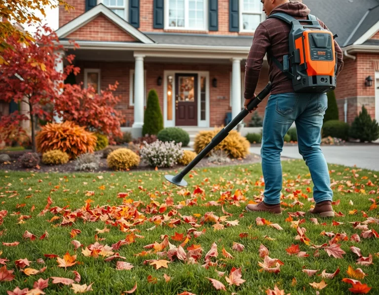 Crew clearing autumn leaves from a front lawn with a leaf blower
