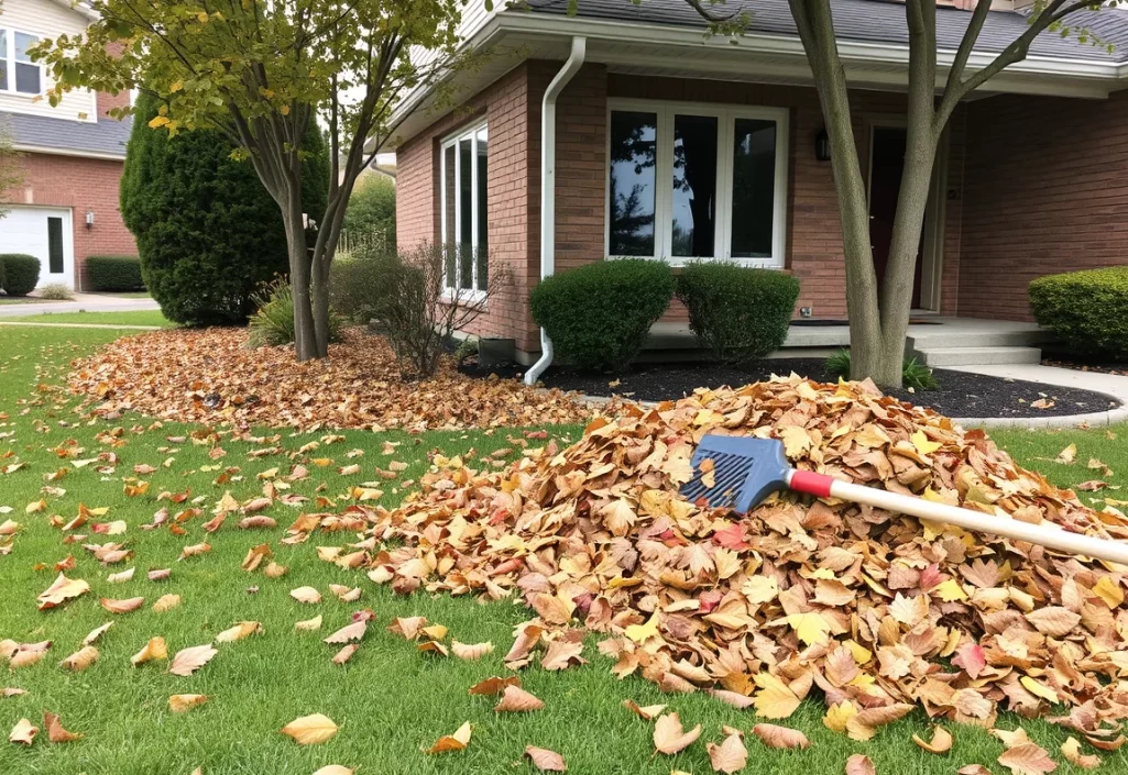 Leaves raked into a pile beside a two storey home in Markham