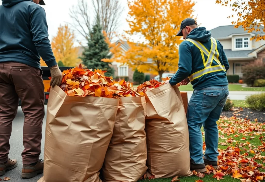 Bagged autumn leaves in kraft paper yard waste bags beside a driveway