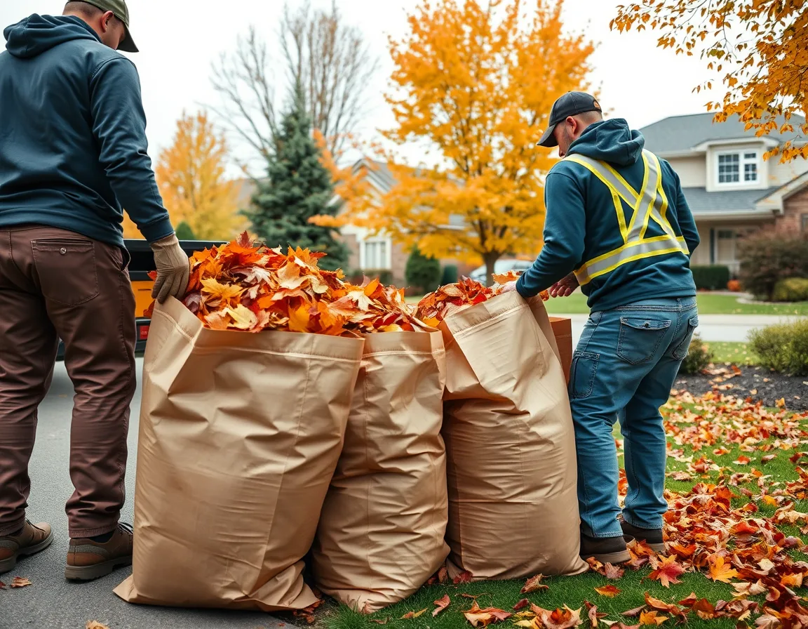 Bagged autumn leaves in kraft paper yard waste bags beside a driveway