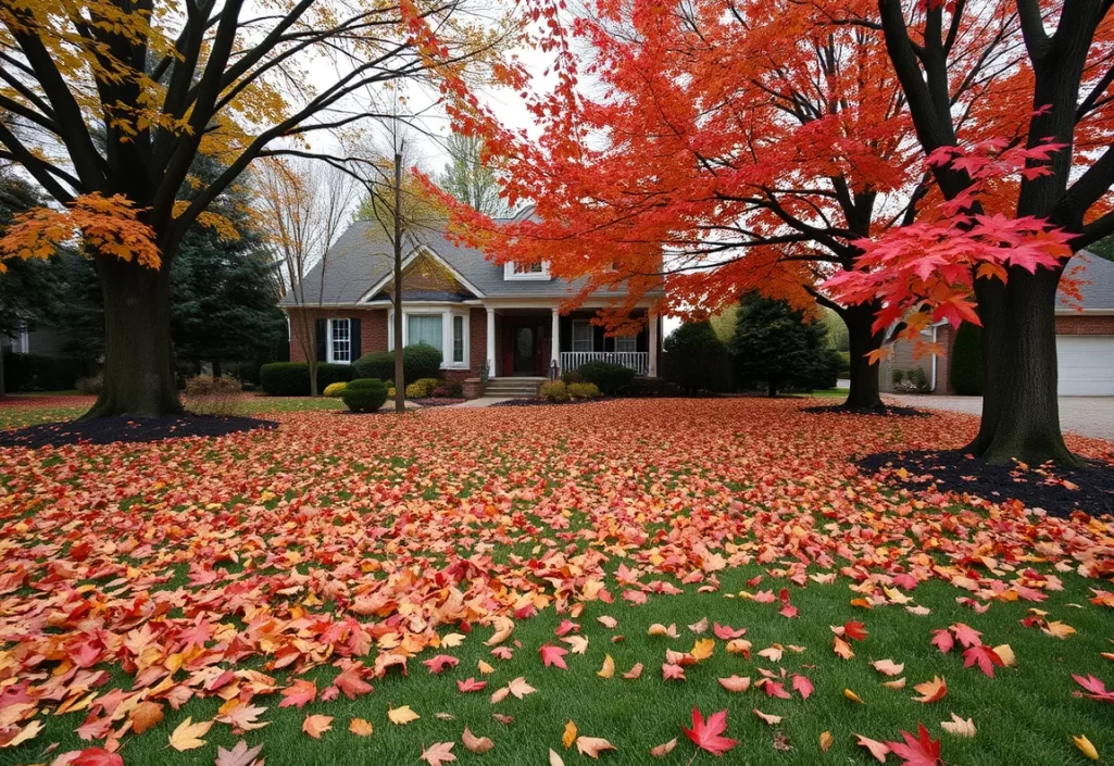 Maple leaves covering half of a front lawn in late October in an Ontario suburb