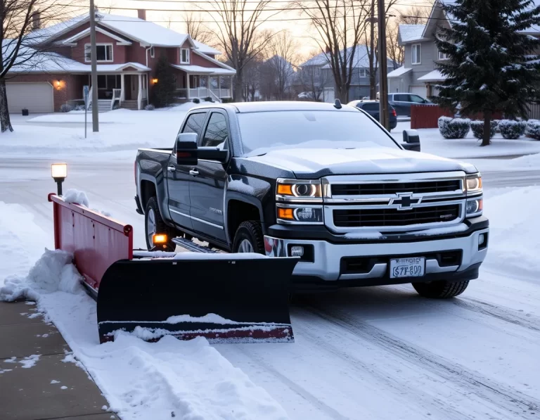 Snow plow clearing a residential driveway after a snowfall
