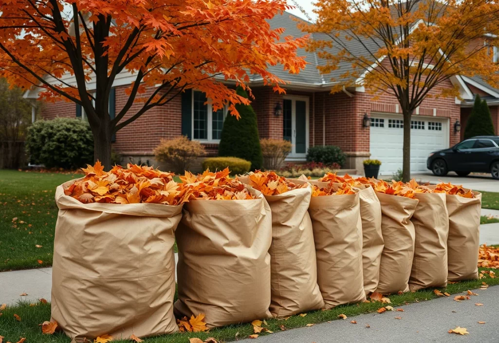 Paper yard waste bags filled with autumn leaves at the curb of a home